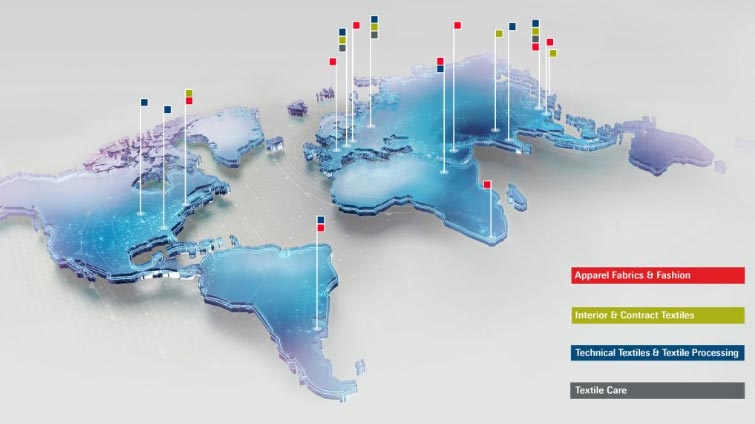 Map displaying global locations of textile industry events, including apparel fabrics, technical textiles, and textile care sectors.